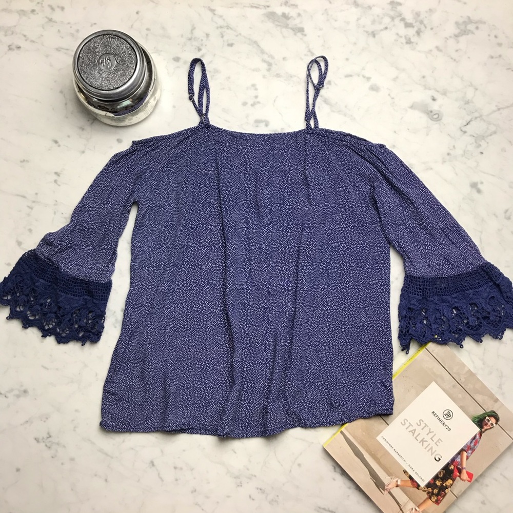 Alya Blue Cold Shoulder 3/4 Bell Seeve Blouse Top - Picture 7 of 8